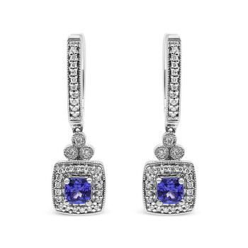 Bông tai Haus Of Brilliance 14K White Gold 4X4 Mm Cushion Shaped Blue Tanzanite And 1/3 Cttw Diamond Halo 1" Inch Drop And Dangle Earrings (J-K Color