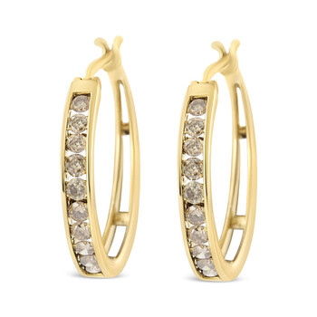 Bông tai Haus Of Brilliance 14K Yellow Gold Plated .925 Sterling Silver 1.0 Cttw Channel Set Champagne Diamond Hoop Earrings With Snap Post (K-L Color