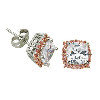 Bông tai 925 Couture 14K Rose Gold And Rhodium Plated Bronze Pink And White Cubic Zirconia Cushion Halo Stud Earrings