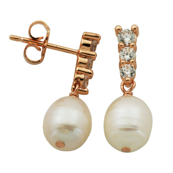 Bông tai 925 Couture 14K Rose Gold Over Fine Silver Plated Bronze Genuine Freshwater Pearl Graduated Cubic Zirconia Earrings
