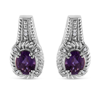Bông tai Haus Of Brilliance .925 Sterling Silver 8X6 Mm Natural Oval Purple Amethyst Gemstone And Diamond Accent Art Drop And Dangle Earrings (I-J Color