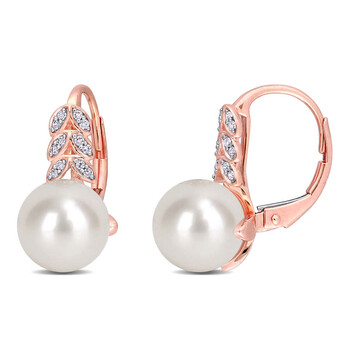 Bông tai Amour 10K Rose Gold 1/10 Ct Diamond & 9 - 9.5 Mm Freshwater Pearl Dangle Earrings
