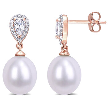 Bông tai Amour 10K Rose Gold 1/7 Ct Diamond And 1/2 Ct White Topaz & Freshwater Pearl Stud Earrings