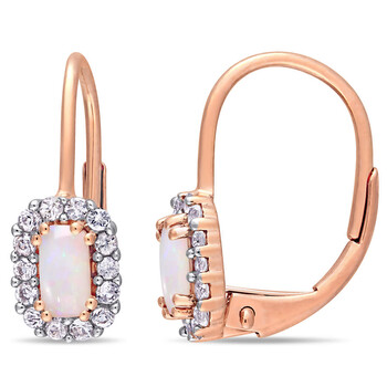 Bông tai Amour 10K Pink Gold 2/3 Ct Opal & White Sapphire Leverback Earrings
