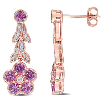 Bông tai Amour 10K Rose Gold 1 1/2 Ct Tgw Pink Sapphire And 1/6 Ct Tdw Diamond Flower Stud Earring