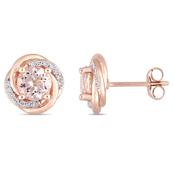 Bông tai Amour 10K Rose Gold 1 3/4 Ct Tgw Morganite And 1/7 Ct Tdw Diamond Swirl Halo Stud Earrings