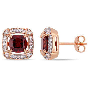 Bông tai Amour 10K Rose Gold 2 5/8 Ct Tgw Garnet White Sapphire And 1/5 Ct Tw Diamond Halo Stud Earrings