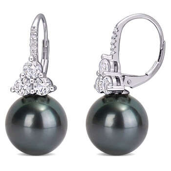 Amour 10K White Gold 0.05 Ct Diamond, 1 3/8 Ct Created White Sapphire & 11-12 Mm Tahitian Pearl Dangle Earrings 2 Bông tai Amour 10K White Gold 0.05 Ct Diamond