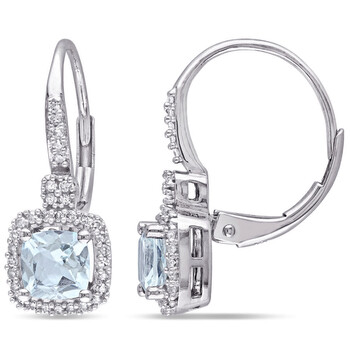 Bông tai Amour 10K White Gold 1.06 Ct Tgw Aquamarine And 1/5 Ct Tdw Diamond Halo Leverback Earrings