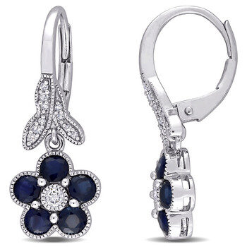 Bông tai Amour 10K White Gold 1 1/2 Ct Tgw Sapphire And 1/7 Ct Tw Diamond Floral Leverback Earrings