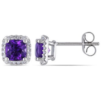 Bông tai Amour 10K White Gold 1 1/3 Ct Tgw Amethyst-Africa And 1/10 Ct Tdw Diamond Halo Earrings