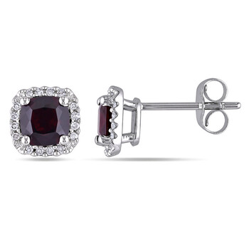 Bông tai Amour 10K White Gold 1 1/3 Ct Tgw Garnet And 1/10 Ct Tdw Diamond Halo Earrings