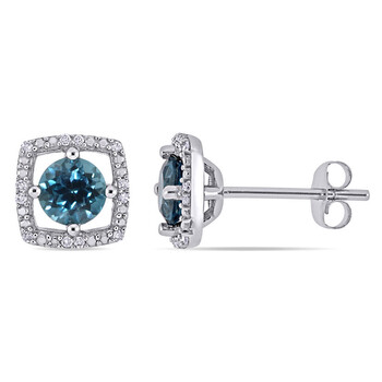 Bông tai Amour 10K White Gold 1 1/8 Ct Tgw London Blue Topaz And 0.07 Ct Tdw Diamond Square Stud Earrings