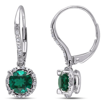Bông tai Amour 10K White Gold 1 3/4 Ct Tgw Created Emerald And 1/10 Ct Tdw Diamond Halo Leverback Earrings