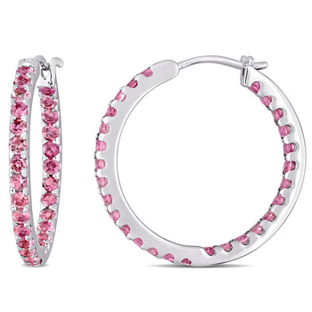 Bông tai Amour 10K White Gold 1 3/4 Ct Tgw Pink Tourmaline Hoop Earrings