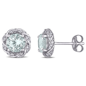 Amour 10K White Gold 1 3/8 Ct Tgw Aquamarine And 1/5 Ct Tdw Diamond Halo Stud Earrings 1 Bông tai Amour 10K White Gold 1 3/8 Ct Tgw Aquamarine And 1/5 Ct Tdw Diamond Halo Stud Earrings