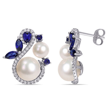 Bông tai Amour 10K White Gold 1/3 Ct Diamond And 1-1/10 Ct Created Blue Sapphire & White Pearl Stud Earrings