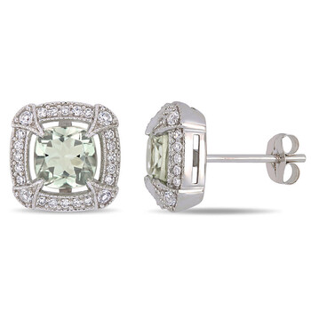 Amour 10K White Gold 1 7/8 Ct Tgw Green Amethyst White Sapphire And 1/5 Ct Tw Diamond Halo Stud Earrings 2 Bông tai Amour 10K White Gold 1 7/8 Ct Tgw Green Amethyst White Sapphire And 1/5 Ct Tw Diamond Halo Stud Earrings