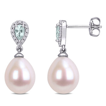 Amour 10K White Gold 1/7 Ct Diamond And 3/8 Ct Aquamarine & Freshwater Pearl Dangle Earrings 2 Bông tai Amour 10K White Gold 1/7 Ct Diamond And 3/8 Ct Aquamarine & Freshwater Pearl Dangle Earrings
