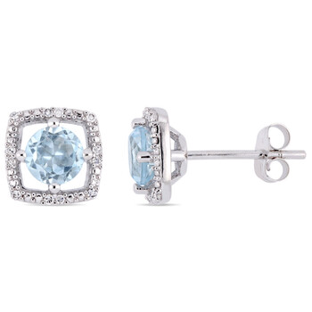 Bông tai Amour 10K White Gold 1 Ct Tgw Sky Blue Topaz And 0.07 Ct Tdw Diamond Halo Square Stud Earrings