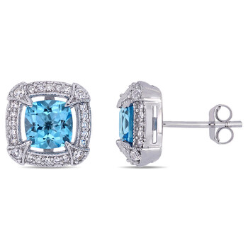 Bông tai Amour 10K White Gold 2 1/3 Ct Tgw Swiss-Blue Topaz White Sapphire And 1/5 Ct Tw Diamond Halo Stud Earrings