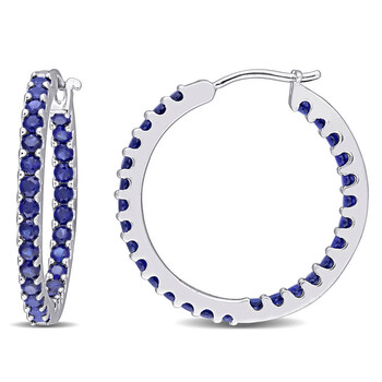Bông tai Amour 10K White Gold 2 4/5 Ct Tgw Created Blue Sapphire Hoop Earrings