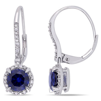 Bông tai Amour 10K White Gold 2 Ct Tgw Created Blue Sapphire And 1/10 Ct Tdw Diamond Halo Leverback Earrings