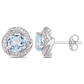 Bông tai Amour 10K White Gold 2 Ct Tgw Sky Blue Topaz And 1/5 Ct Tdw Diamond Swirl Stud Earrings