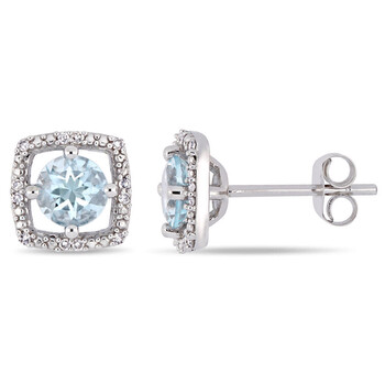 Bông tai Amour 10K White Gold 4/5 Ct Tgw Aquamarine And 0.07 Ct Tdw Diamond Square Halo Stud Earrings