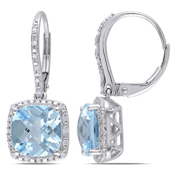Bông tai Amour 10K White Gold 8 1/2 Ct Tgw Cushion Cut Sky-Blue Topaz And 1/5 Ct Tdw Diamond Halo Leverback Earrings