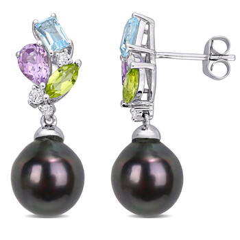 Bông tai Amour 10K White Gold 9 - 9.5 Mm Black Tahitian Cultured Pearl And 1 3/4 Ct Tgw Sky Blue Topaz Rose De Francegreen Amethyst & White Topaz Drop Earrings