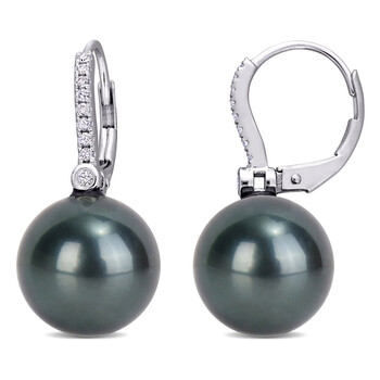 Amour 10K White Gold Black Tahitian Cultured Pearl And 1/8 Ct Tdw Diamond Leverback Earrings 2 Bông tai Amour 10K White Gold Black Tahitian Cultured Pearl And 1/8 Ct Tdw Diamond Leverback Earrings