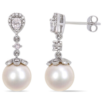 Amour 10K White Gold Cultured Freshwater Pearl 3/8 Ct Tgw White Topaz And 1/5 Ct Tdw Diamond Dangle Earrings 2 Bông tai Amour 10K White Gold Cultured Freshwater Pearl 3/8 Ct Tgw White Topaz And 1/5 Ct Tdw Diamond Dangle Earrings