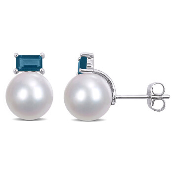 Bông tai Amour 10K White Gold Cultured Freshwater Pearl And 4/5 Ct Tgw London Blue Topaz Stud Earrings