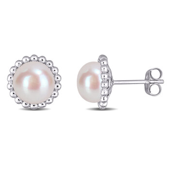 Bông tai Amour 10K White Gold Cultured Freshwater White Pearl Halo Stud Earrings