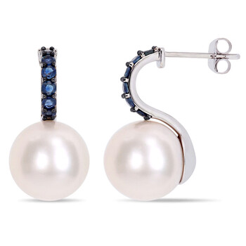 Bông tai Amour 10K White Gold Freshwater Cultured Pearl And 5/8 Ct Tgw Sapphire Drop Earrings With Black Rhodium Plated
