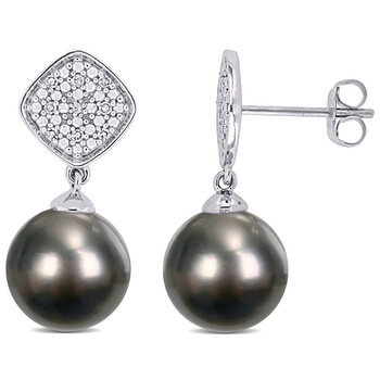 Bông tai Amour 10K White Gold Tahitian Cultured Black Pearl And 1/10 Ct Tdw Diamond Square Drop Earrings