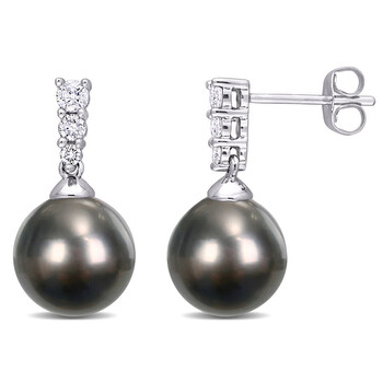 Bông tai Amour 10K White Gold Tahitian Cultured Black Pearl And 1/4 Ct Tdw Diamond Drop Earrings
