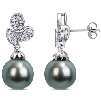 Bông tai Amour 10K White Gold Tahitian Cultured Black Pearl And 1/5 Ct Tdw Diamond Floral Drop Earrings