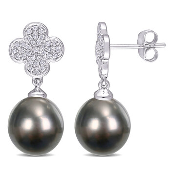 Amour 10K White Gold Tahitian Cultured Black Pearl And 1/5 Ct Tdw Diamond Flower Drop Earrings 1 Bông tai Amour 10K White Gold Tahitian Cultured Black Pearl And 1/5 Ct Tdw Diamond Flower Drop Earrings