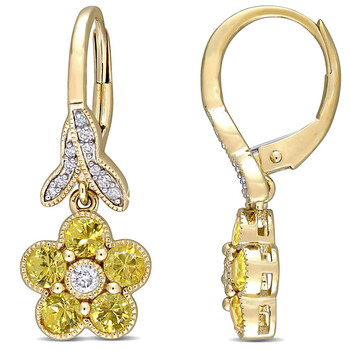 Bông tai Amour 10K Yellow Gold 1 1/5 Ct Tgw Yellow Sapphire And 1/7 Ct Tdw Diamond Floral Earrings