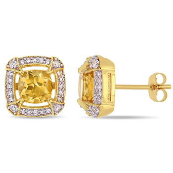 Bông tai Amour 10K Yellow Gold 1 7/8 Ct Tgw Citrine White Sapphire And 1/5 Ct Tw Diamond Halo Stud Earrings