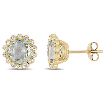 Bông tai Amour 10K Yellow Gold 2 7/8 Ct Tgw Green Amethyst And White Sapphire Halo Stud Earrings