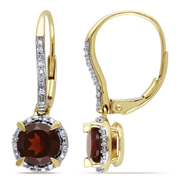 Bông tai Amour 10K Yellow Gold 2 Ct Tgw Garnet And 1/10 Ct Tdw Diamond Halo Leverback Earrings