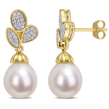 Bông tai Amour 10K Yellow Gold Freshwater Cultured Pearl And 1/5 Ct Tdw Diamond Floral Drop Earrings