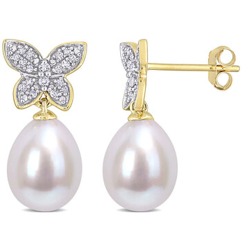 Bông tai Amour 10K Yellow Gold Freshwater Cultured Pearl And 1/8 Ct Tdw Diamond Butterfly Drop Earrings