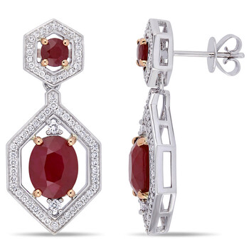 Bông tai Amour 14K 2-Tone Gold 4 7/8 Ct Tgw Ruby And 5/8 Ct Tdw Diamond Dangle Earrings