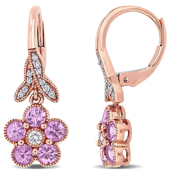 Amour 14K Rose Gold 1/7 Ct Diamond & 1 1/4 Ct Pink Sapphire Dangle Earrings 1 Bông tai Amour 14K Rose Gold 1/7 Ct Diamond & 1 1/4 Ct Pink Sapphire Dangle Earrings