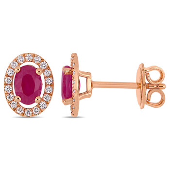 Bông tai Amour 14K Rose Gold 1 1/5 Ct Tgw Ruby And 1/5 Ct Tw Diamond Halo Stud Earrings