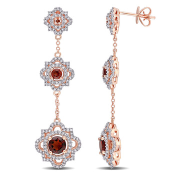 Bông tai Amour 14K Rose Gold 1 3/5Ct Tgw Garnet And 7/8 Ct Tw Diamond Quaterfoil Triple Drop Earrings